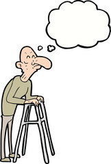 cartoon old man with walking frame with thought bubble