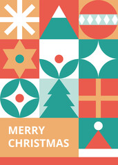 Bauhaus-Style Christmas postcard with Trendy colored mosaic texture. Geometric seamless pattern with winter elements. Christmas decoration in Scandinavian style. Happy holidays card. New year texture.
