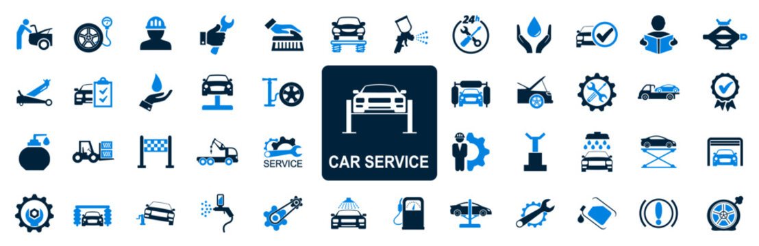 Set car service icons, another technical inspection, repair of breakdowns, auto washing and painting, towing, cleaning, jack – stock vector