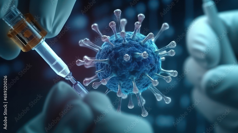 Poster scientist injecting a solution into a virus model