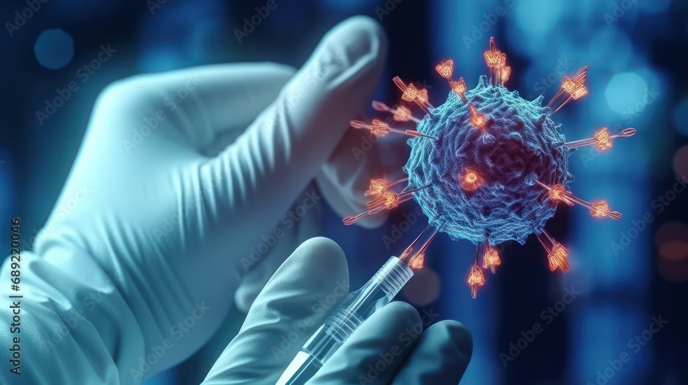 Poster close-up of a virus model with syringe injection