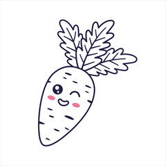 Cute Kawaii Carrot cartoon kids illustration. Food vegetable outline line art illustration. Carrot character, mascot in Doodle style. Kids Coloring book.