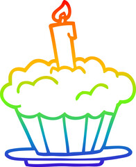 rainbow gradient line drawing of a cartoon birthday cake