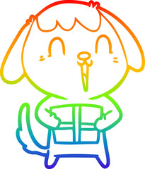 rainbow gradient line drawing of a cute cartoon dog with christmas present