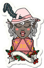 sticker of a elf bard with natural twenty dice roll