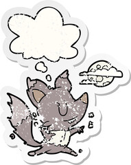cartoon werewolf changing in moonlight with thought bubble as a distressed worn sticker