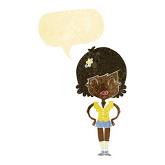 cartoon happy woman with thought bubble