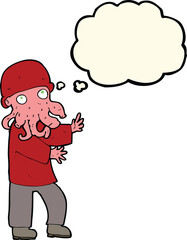 cartoon alien man with thought bubble