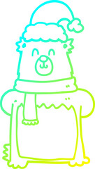 cold gradient line drawing of a cartoon bear wearing christmas hat
