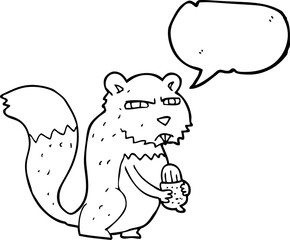 freehand drawn speech bubble cartoon angry squirrel with nut