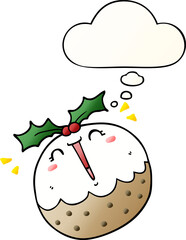 cute cartoon christmas pudding with thought bubble in smooth gradient style