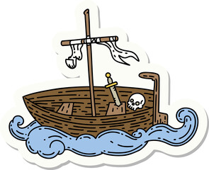 Fototapeta na wymiar sticker of a tattoo style empty boat with skull