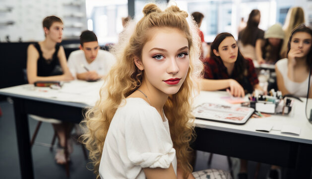 teen girl in modern classroom.