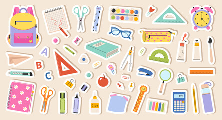 Back to school. Vector set stickers of school supplies. Cute office supplies hand drawn illustration. - obrazy, fototapety, plakaty