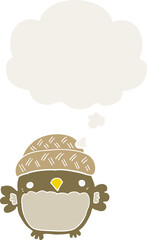 cute cartoon owl in hat with thought bubble in retro style