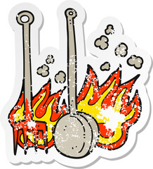 retro distressed sticker of a cartoon hot fireside tools