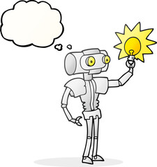freehand drawn thought bubble cartoon robot with light bulb