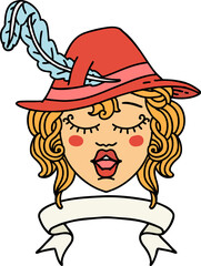 Retro Tattoo Style human singing bard character with banner