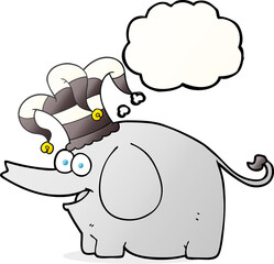 freehand drawn thought bubble cartoon elephant wearing circus hat