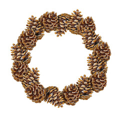 Watercolor Christmas wooden branch wreath made of pine branches decorated with cones. Round winter frame. Greeting card, poster template, sticker.