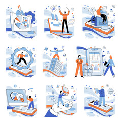 Progressive business vector illustration. Strategy, architect designing blueprint for progressive business ventures Growth is canvas painted with brushstrokes progressive strategy Marketing, messenger