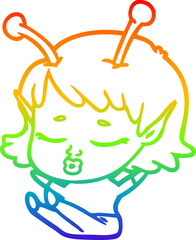 rainbow gradient line drawing of a cute alien girl cartoon