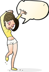 cartoon pretty woman dancing with speech bubble