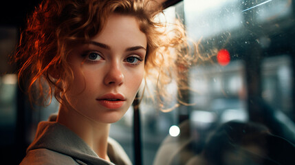 Fototapeta premium Young woman standing at the bus window
