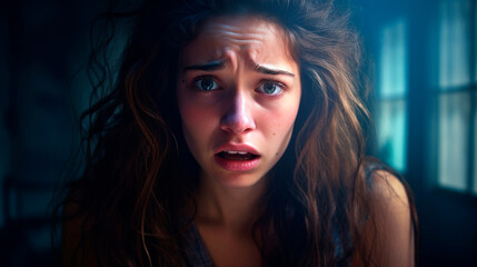 Young woman with fear and confusion on her face in a dark room