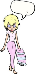 cartoon woman going to bed with speech bubble
