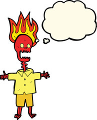 cartoon flaming skeleton with thought bubble