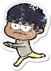 distressed sticker of a annoyed cartoon boy