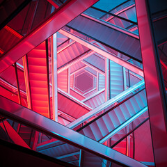 Vibrant Red and Blue Geometric Patterns in Innovative Architecture