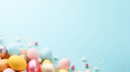 Captivating Easter Egg bottom border creatively displayed on a pastel blue paper banner background,...