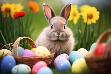 Cute Bunny With Easter Eggs and flowers on green grass field spring meadow. Generative Ai