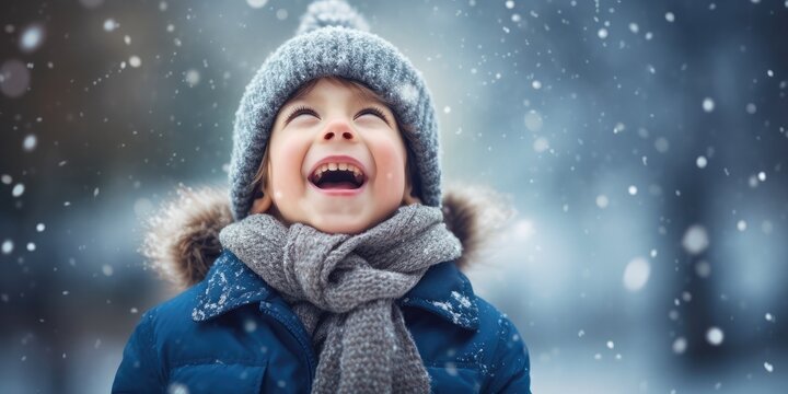 Funny excited little boy in blue winter clothes walks during a snowfall.