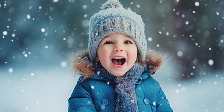 Funny excited little boy in blue winter clothes walks during a snowfall. 