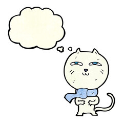 cartoon funny cat wearing scarf with thought bubble