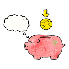 freehand drawn thought bubble textured cartoon piggy bank