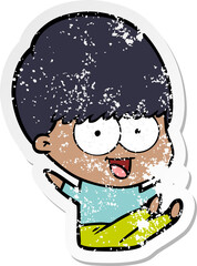 distressed sticker of a happy cartoon boy
