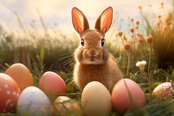 Cute Bunny With Easter Eggs and flowers on green grass field spring meadow. Generative Ai