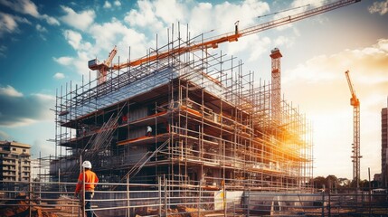 Building under construction, construction site, scaffolding, cranes