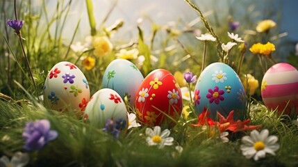 Fototapeta na wymiar Charming Easter eggs embellished with beautiful flowers, placed in the fresh green grass, creating an enchanting springtime tableau, captured in high definition