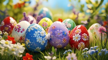 Charming Easter eggs embellished with beautiful flowers, placed in the fresh green grass, creating...