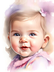 Fototapeta premium Portrait of a cute little baby girl with blue eyes. Watercolor illustration