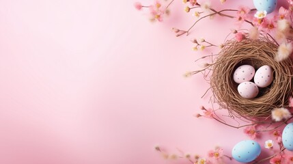 Charming Easter holiday background with a frame of multicolored eggs, nest, birdhouse, and willow twigs on a pink backdrop, providing ample space for text, captured in high definition detail