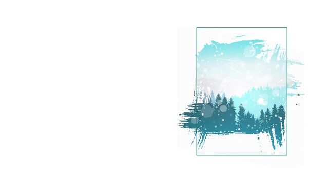 Winter landscape. Snow. Snowing. Blizzard. Snowstorm. Adventures, hiking, tourism, outdoor sports. Travel concept of discovering, exploring. Isolated white background. Winter card. 2d flat animation	