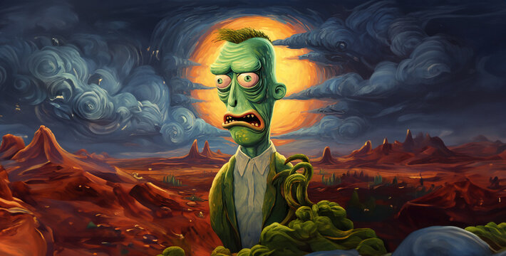 Pickle Rick as Vincent van Gogh painting style, halloween vampire in the woods