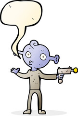 cartoon alien with ray gun with speech bubble