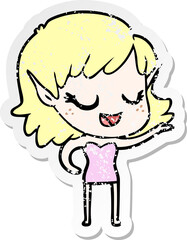 distressed sticker of a happy cartoon elf girl